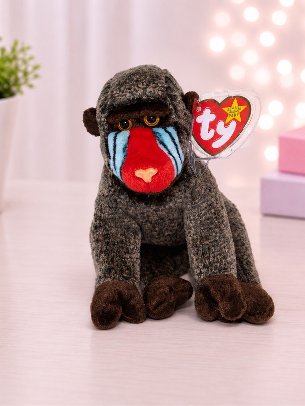 Cheeks Ty Plush Baboon Toy - Gray and Red